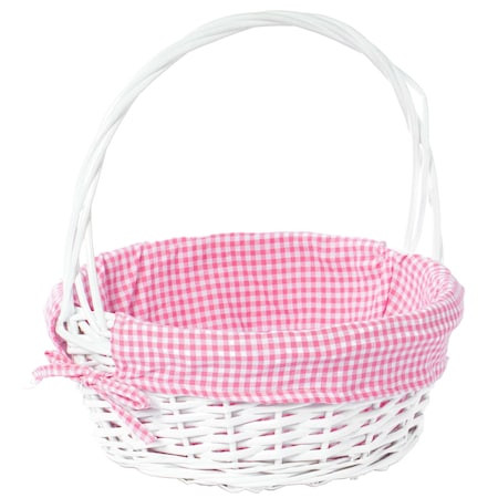 Vintiquewise White Round Willow Gift Basket, with Pink and White Gingham Liner and Handles, Medium QI004550PK.M